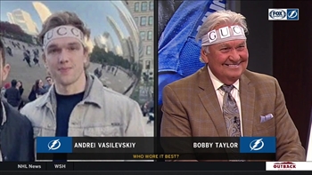 Battle of the headbands: Bobby 'Chief' Taylor tries to match Andrei Vasilevskiy's swag