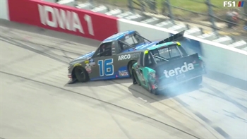 Austin Hill wrecks Johnny Sauter; Sauter retaliates under caution