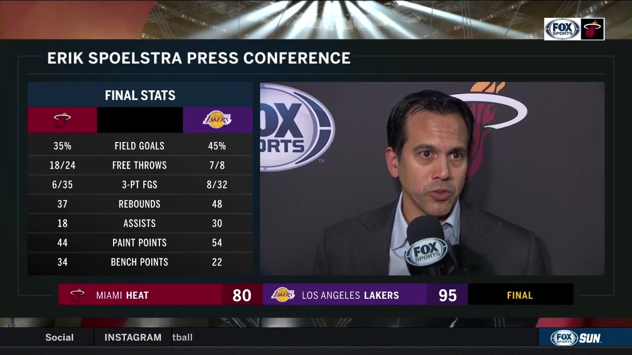 Erik Spoelstra recaps loss to Lakers, facing James-Davis duo in LA