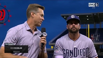 Bob Scanlan with Padres' Greg Garcia after win