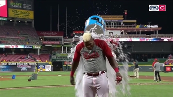 Yasiel Puig receives a postgame walk-off shower