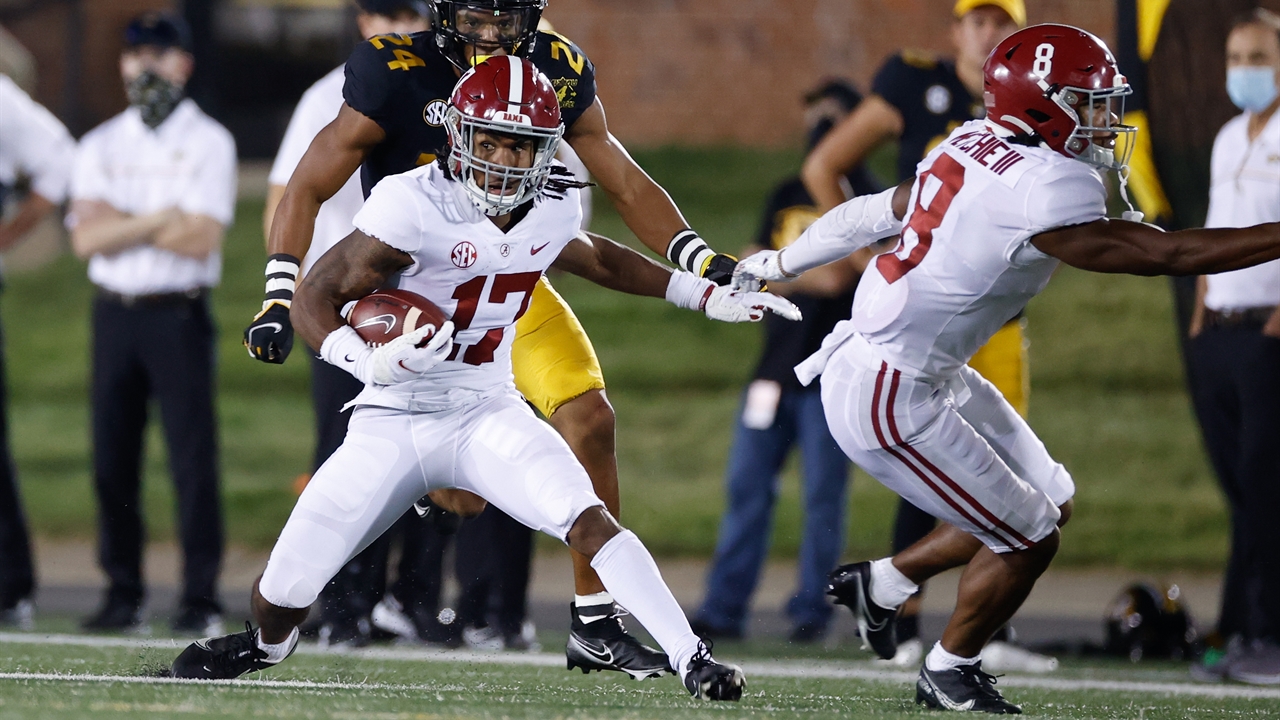 No. 2 Alabama's Najee Harris, Jaylen Waddle combine for 5 TDs in 38-19 win over Missouri
