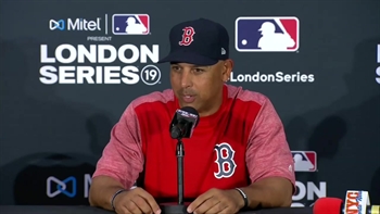 Alex Cora addresses the media after the 1st game of the London series