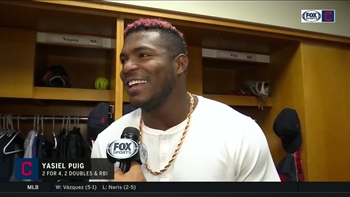 Yasiel Puig has some fun with Franmil Reyes when asked who hits the ball farther