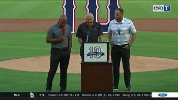 Vernon Wells and Colby Lewis take the podium | Michael Young Jersey Retirement Ceremony