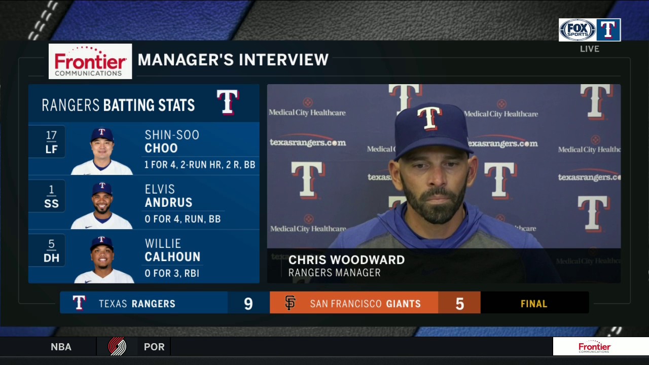 Chris Woodward shares his thoughts on the Rangers 9-5 Win over the Giants