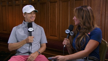 David Toms talks with Holly Sonders after shooting 4-under on Saturday to move into 2nd place