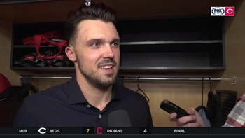 Adam Duvall was all smiles after the Reds come from behind win over Cleveland