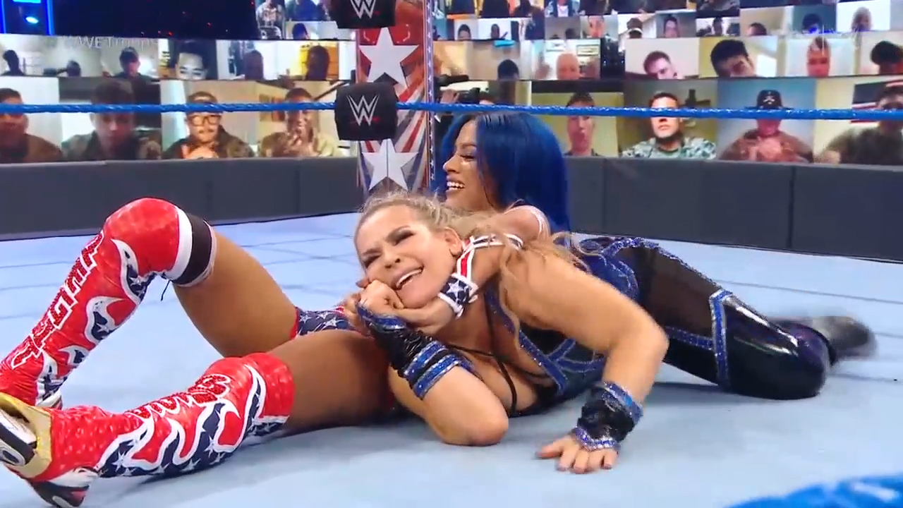 Sasha Banks and Bianca Belair take on Natalya and Bayley in a women's tag team match