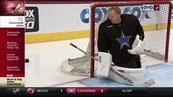 Corey Hirsch demonstrates a goalie's best friend