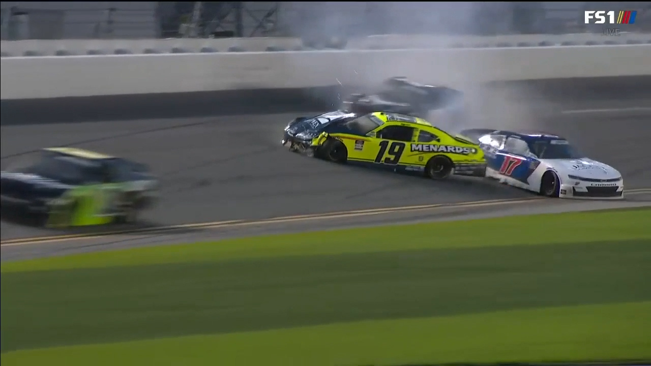 Brandon Jones gets turned triggering crash at the end of Stage 2