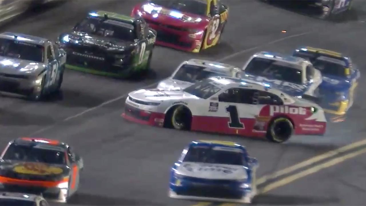 Michael Annett gets turned coming to pit road causing 'Big One'