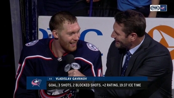 Vladislav Gavrikov feeling the good Blue Jackets locker room vibes