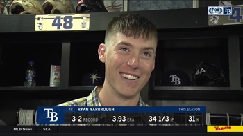 Rays LHP Ryan Yarbrough on the double play he turned to help insure the win