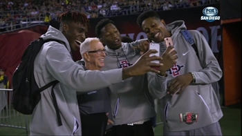 Aztecs head coach Steve Fisher poses on Snapchat with his players